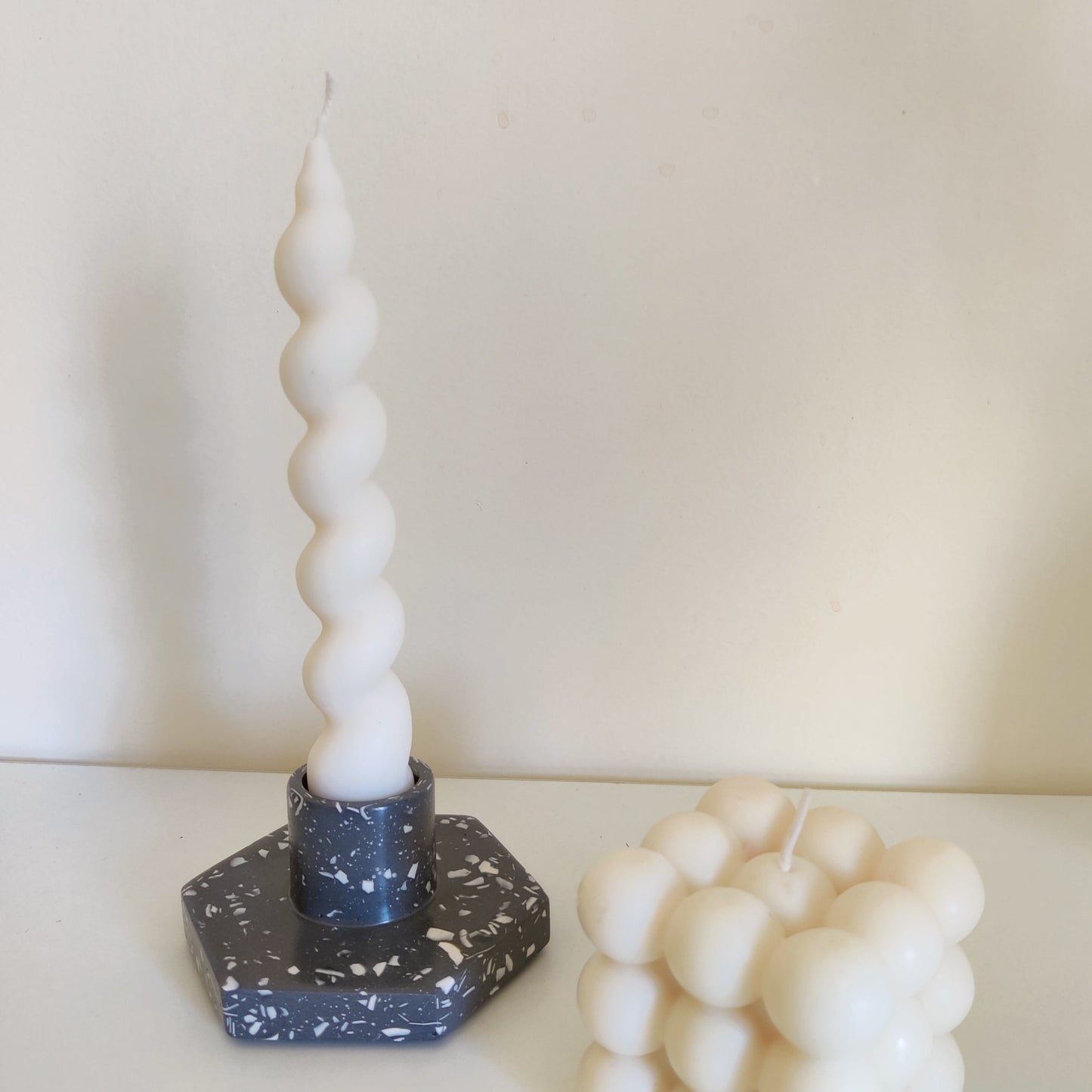 Black with White Terrazzo Hexagonal Candle Holder