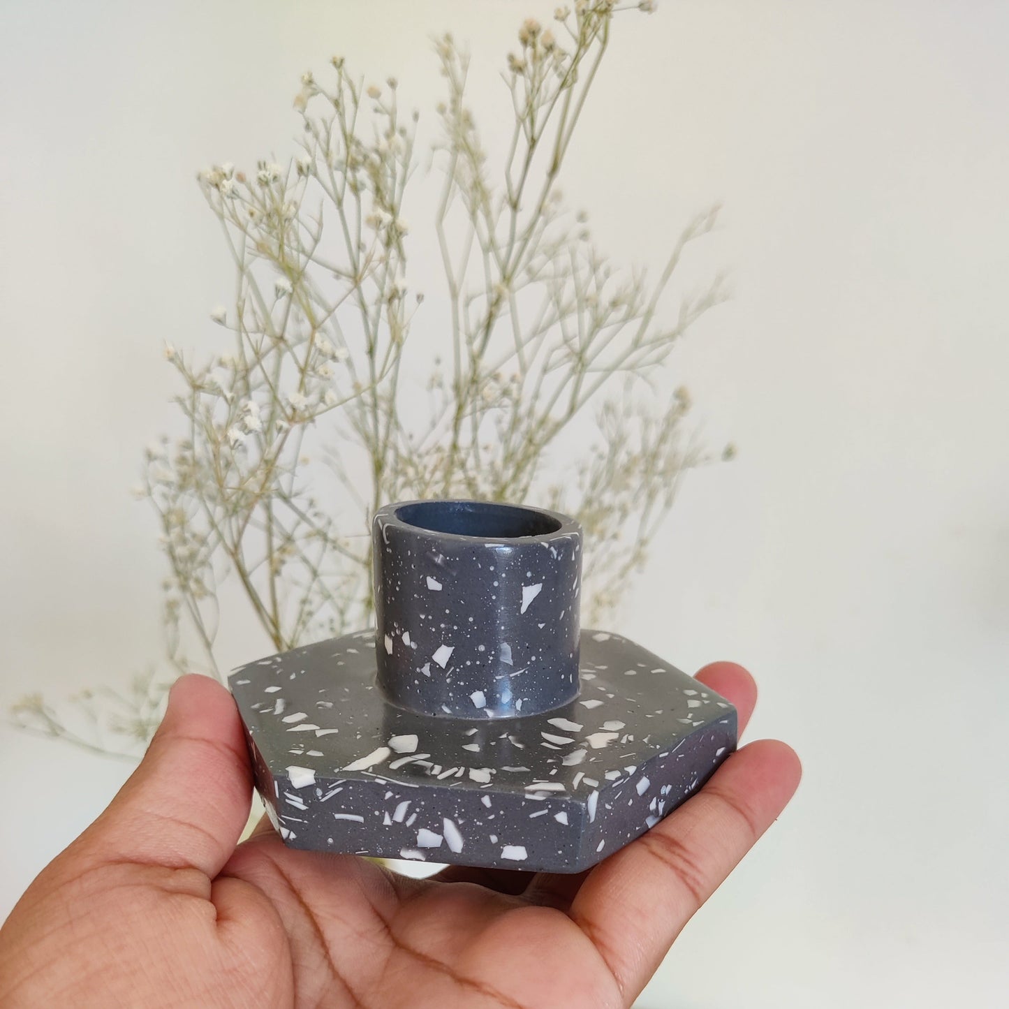 Black with White Terrazzo Hexagonal Candle Holder